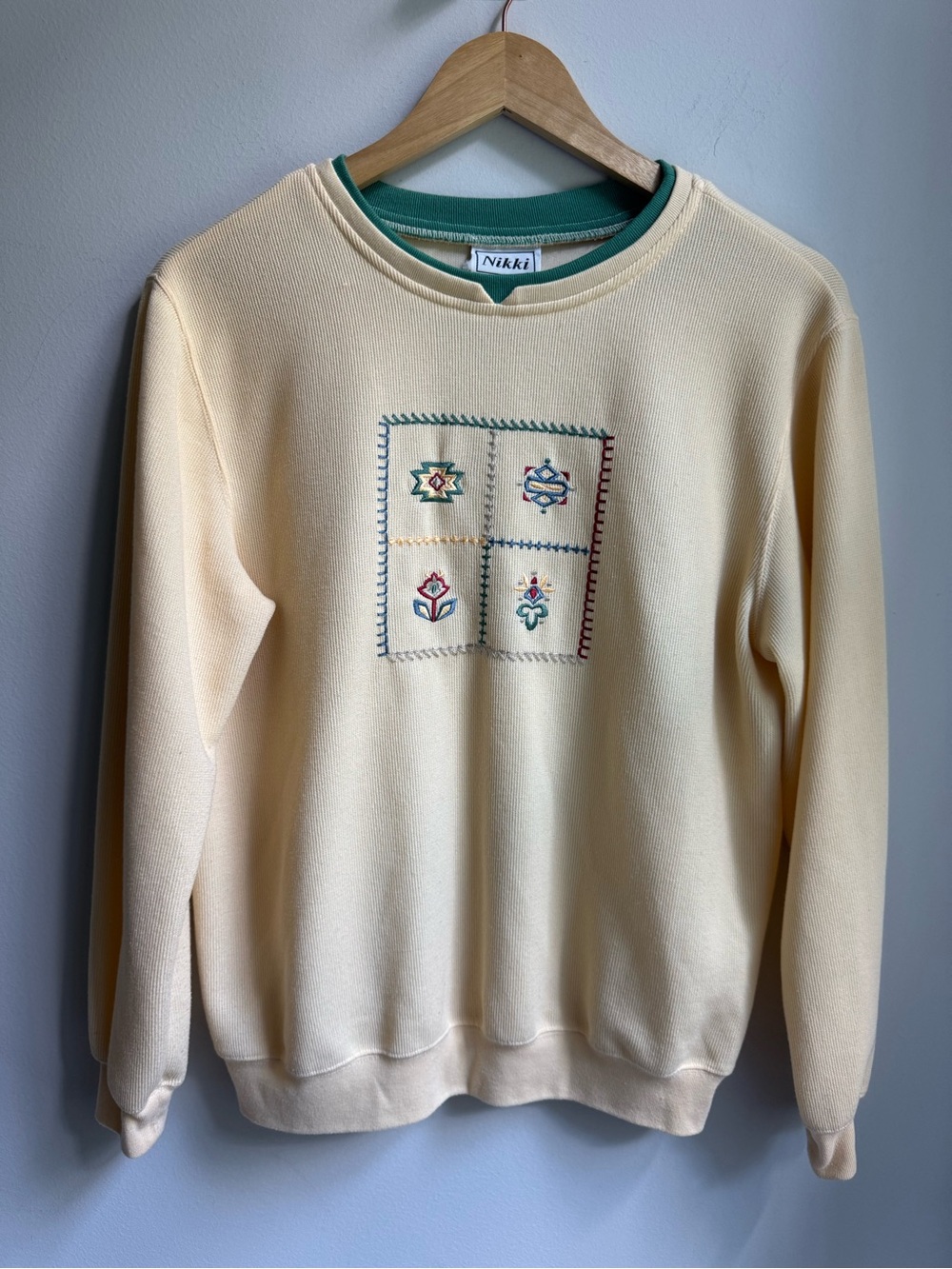 Women’s Creamy Yellow & Green Embroidered Stitched Crewneck Sweater Grandma